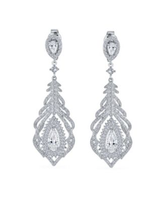 Art Deco Style Cubic Zirconia Leaf Teardrop Statement CZ Chandelier Clip On Earrings