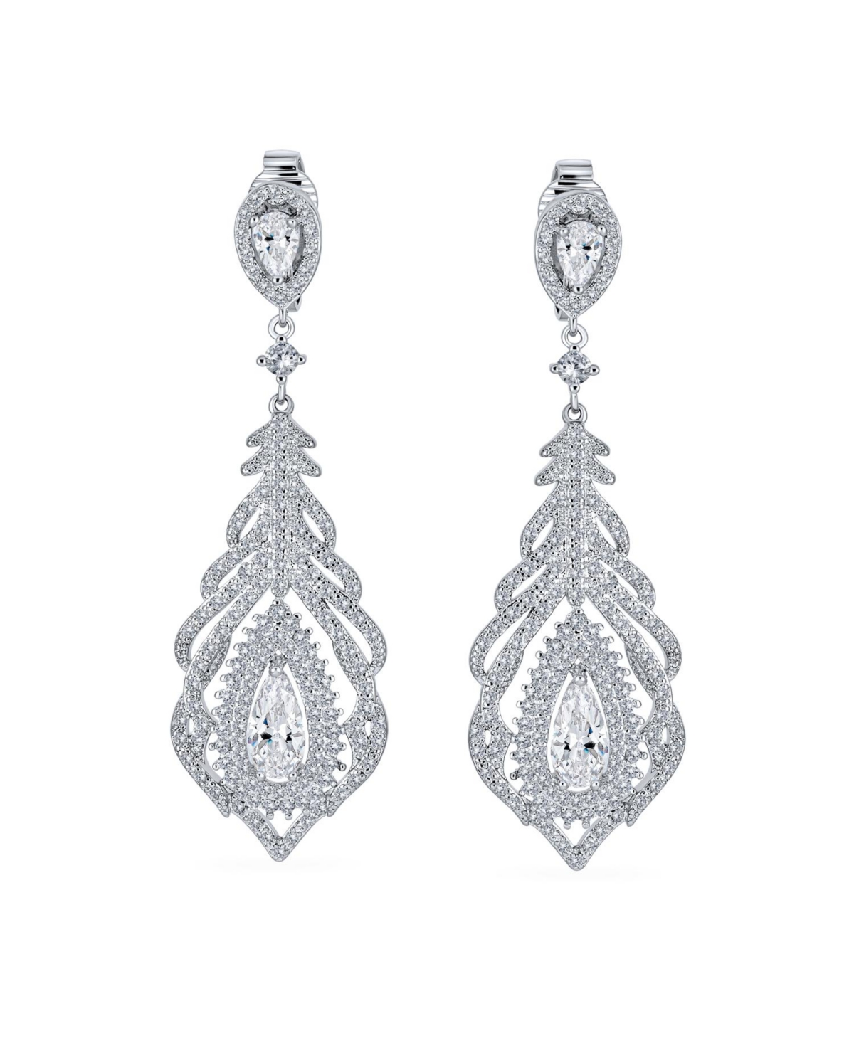 Bling Jewelry Art Deco Style Cubic Zirconia Leaf Teardrop Statement Cz Chandelier Clip On Earrings