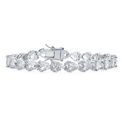 Romantic Red Clear Cubic Zirconia CZ Heart Shape Tennis Bracelet 7-7.5 Inch Silver Plated
