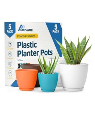 Multicolor Plant Pots 5 Pack with Drainage Holes & Saucers, Stackable Indoor & Outdoor Planters for Houseplants & Flowers, Durable & Weatherproof.
