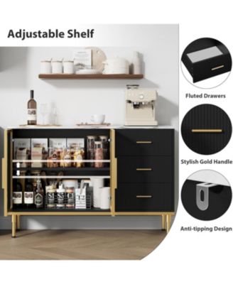 Buffet Sideboard Cabinet with Storage, 46.4" Large Fluted Kitchen Sideboard Cabinet with 2 Glass Doors 3 Drawers and Shelves