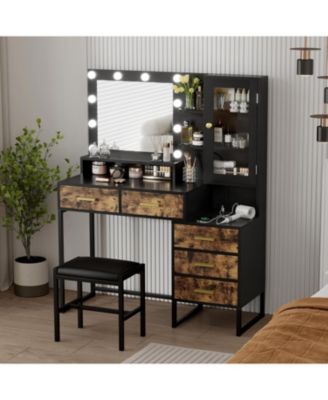 Makeup Vanity with Lights in 3 Colors, Vanity Table with Charging Station of 2 USB Ports and Outlets, Vanity Desk with Large Mirror, Drawers