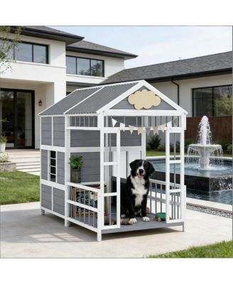 Large Outdoor Gray Wooden Dog House with Covered Porch, Waterproof Roof, Elevated Pet Kennel Shelter for Large Dogs