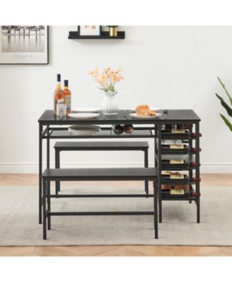 Dining Table Set for 4, Compact 3-Piece Kitchen Table with 2 Benches, Wine Rack, Storage Shelf