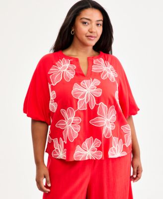 Plus Size Split Neck Bubble-Sleeve Blouse