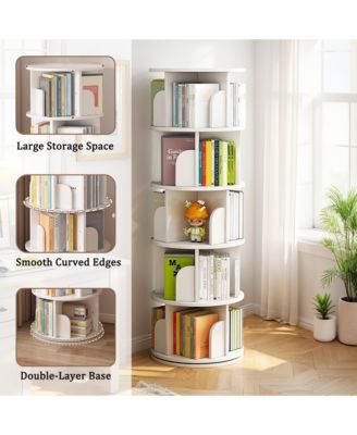 5 Tier Wooden Rotating Round Spinning Bookshelf Tower Storage Organizer