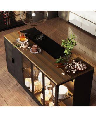 Kitchen Island with 3 drawers, glass shelves, light strip,dining table, coffee station and microwave rack for dining room