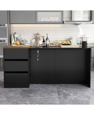 Kitchen Island with 3 drawers, glass shelves, light strip,dining table, coffee station and microwave rack for dining room