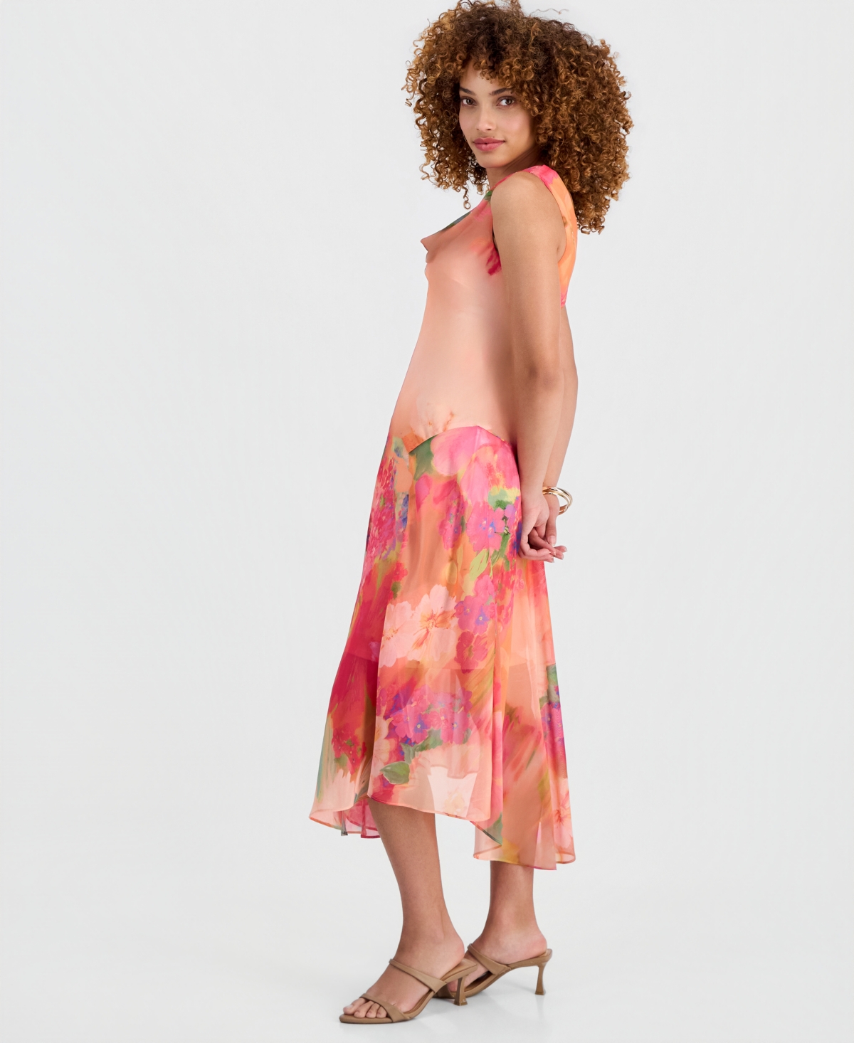 Robbie Bee Petite Printed Cowlneck High-Low Midi Dress