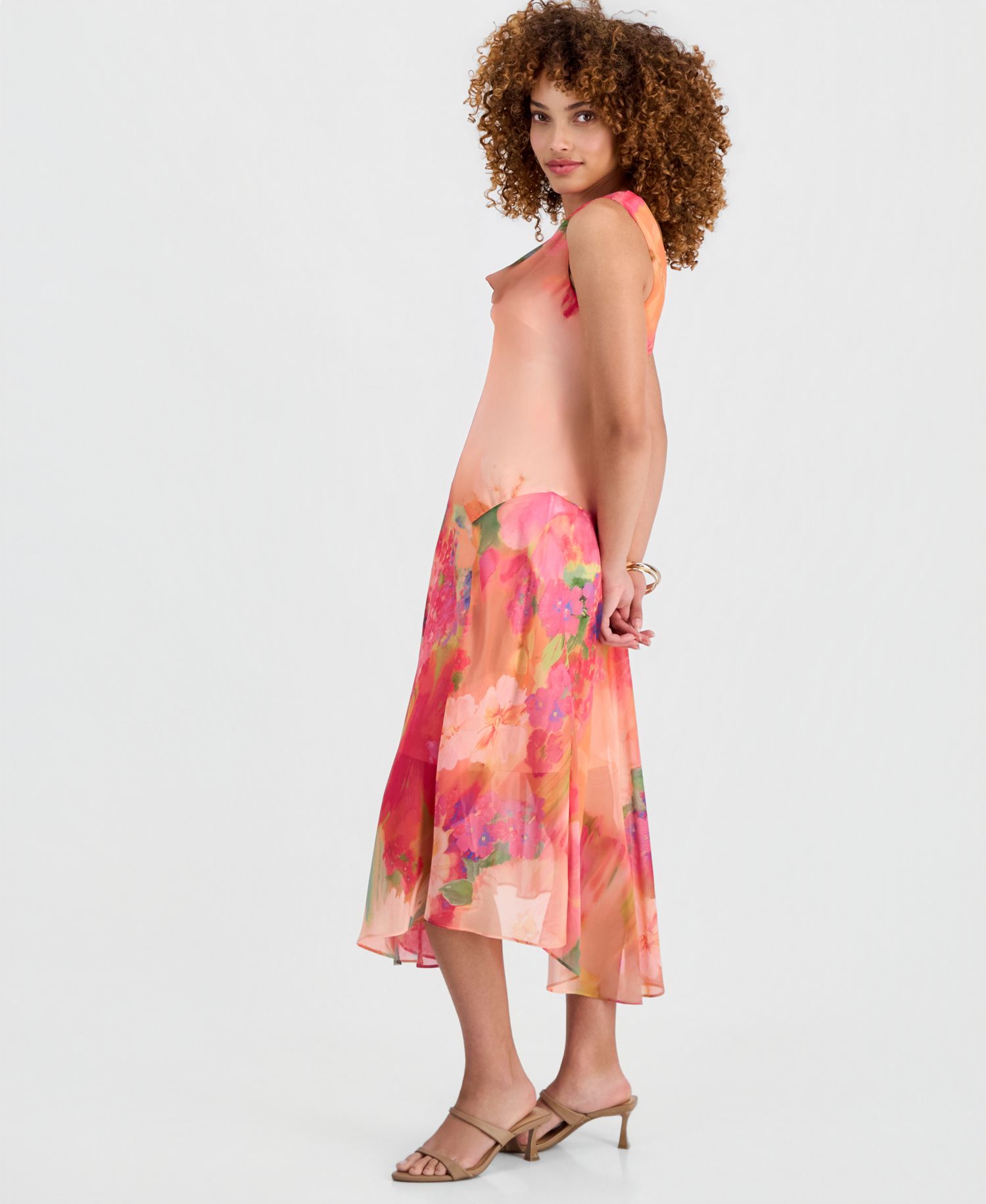 Petite Printed Cowlneck High-Low Midi Dress