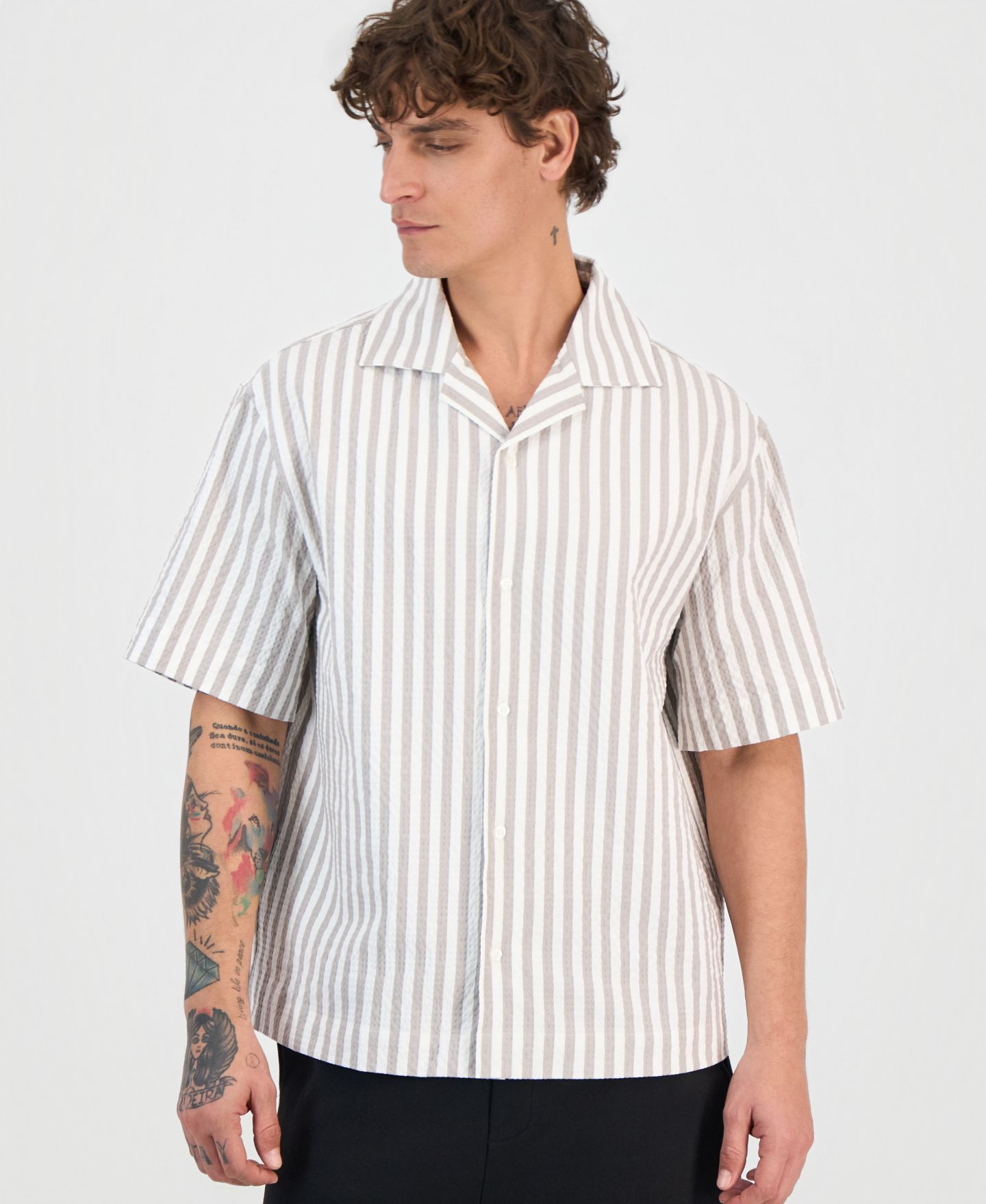 Мужская рубашка Hugo Boss Espino Cotton-Blend Striped Button, цвет: Пастельный коричневый — фото 1