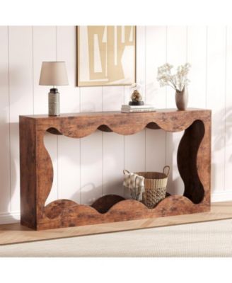 Slim Farmhouse Console Table for Entryway, 2-Tier Wood Scalloped Sofa Table with Storage Shelf