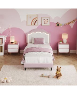 Twin Kids Upholstered Bed with LED Headboard, Plush Sherpa Fabric, Wooden Slats Support, Easy Assembly