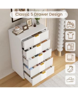 Fluted 5-Drawer Dresser, Modern Wooden Chest with Metal Handles, Space-Saving Clothes Storage for Bedroom, Living Room, Hallway