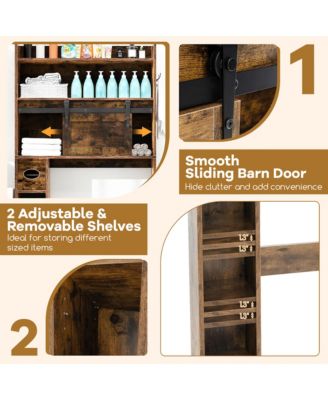 Over The Toilet Storage Cabinet w/ Sliding Barn Door Adjustable Shelves 2 Hooks