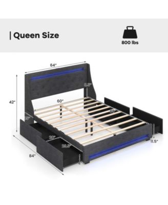 Queen Size Upholstered Platform Bed Frame with LED Lights and Charging Station