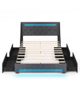 Queen Size Upholstered Platform Bed Frame with LED Lights and Charging Station