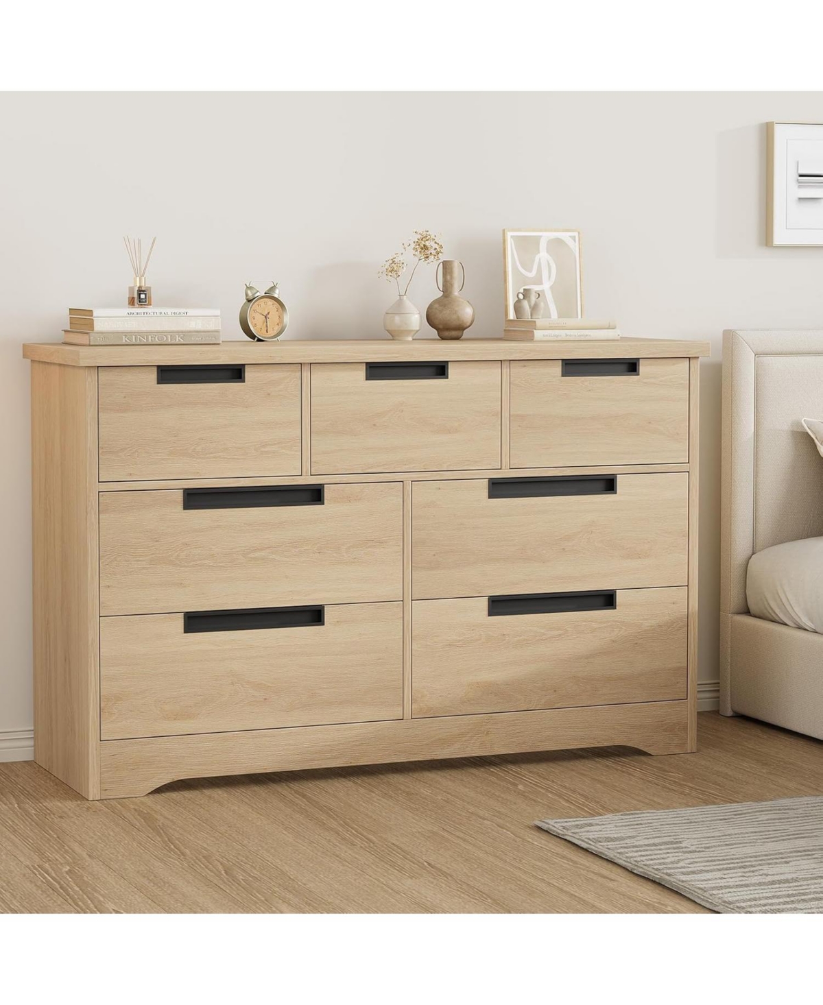 gaomon 7 Drawer Dresser for Bedroom, Natural Oak Dresser Organizer with Embedded Handles Design, Wooden Chest of Drawers for Living Room, Nursery