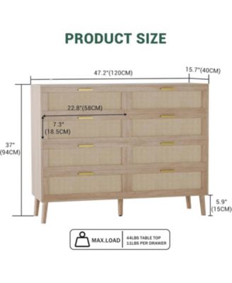 8 Drawer Dresser, Rattan Dresser for Bedroom with 5 Strong Legs, Farmhouse Wood Chest of Drawer with Golden Handles for Living Room