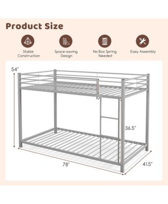 Twin Over Twin Low Metal Bunk Bed with Ladder Guardrails for Teens Adults