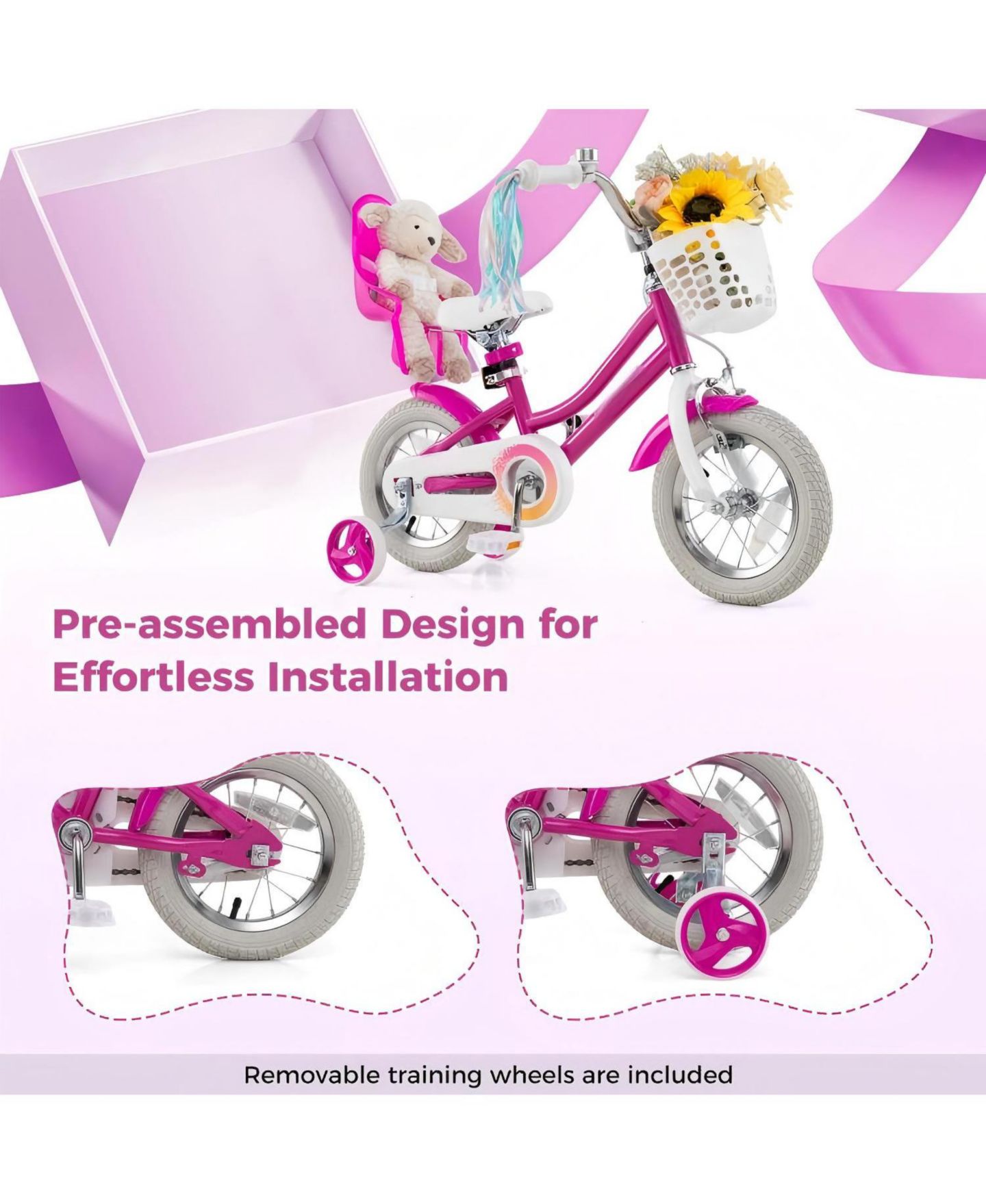 Детская игрушка HONGGE 12-Inch Kids Bike with Removable Training Wheels and Dual Brakes, Ages 3-8, цвет: Розовый — фото 10
