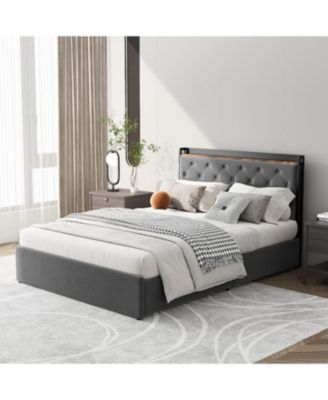Size Velvet Upholstered Platform Bed Frame with 4 Storage Drawers & USB/AC Charging Station & No Box Spring Needed