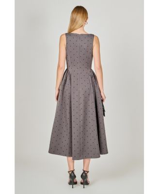 Women's Square Neck Polka Dot Gathered Waist Midi Dress