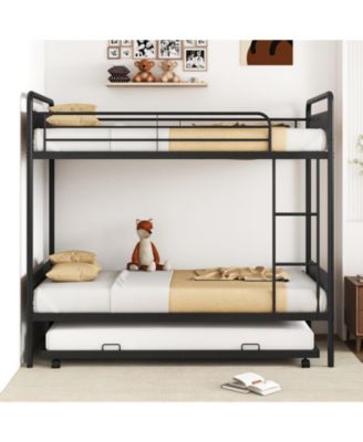 Twin Over Twin Metal Bunk Bed with Trundle, Ladder & Full Length Guardrails