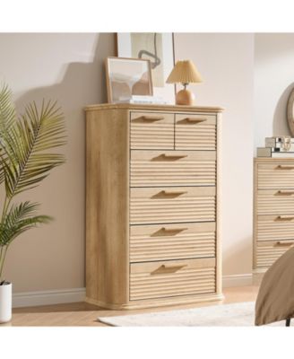 Modern 6 Drawer Dresser 45 Tall with Curved Profile Wood Fluted Chest for Bedroom Living Room Entryway