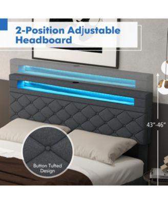 Queen Size Bed Frame with Adjustable Storage Headboard and Wooden Slat Support