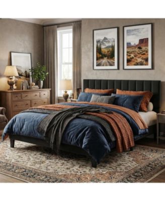 Bed Frame with Adjustable Height Vertical Channel Tufted Headboard, Upholstered Platform Bed Frame with Sturdy Wooden Slats Support