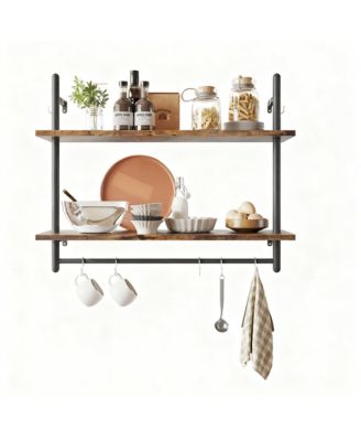 Floating Shelves Wall Mounted 31" 2-Tier Storage Rack with Towel Bar 8 Hooks