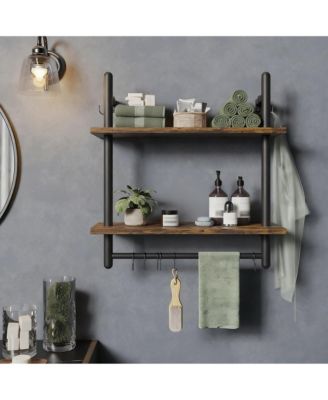 24" Floating Wall Shelves 2 Tier Industrial Coffee Bar With 8 Hooks Towel Bar