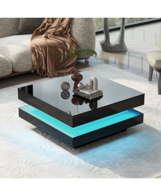 2-Tier Square Coffee Table, Modern High Gloss LED Center Table with Storage for Living Room and Home Office