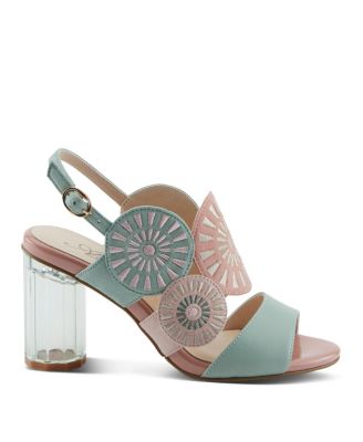 Women's Embroidery Pumps and Heels - Geometric Design, Adjustable Ankle Strap, Transparent Cylindrical Heel