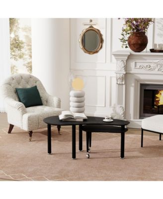 Rotatable Coffee Table, Nesting Coffee Tables with Swivel Function, Modern Wood Oval Center Table for Living Room