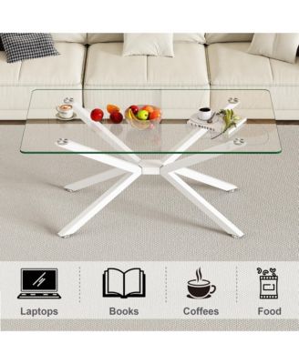 Rectangular Clear Tempered Glass Coffee Table with Adjustable Feet and Metal Legs for Living Room