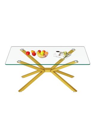 Rectangular Clear Tempered Glass Coffee Table with Adjustable Feet and Metal Legs for Living Room