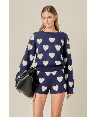 Women's Heart Patterned Crew Neck Sweater