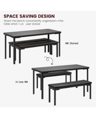 3-Piece Metal Frame Dining Table Set with 2 Benches