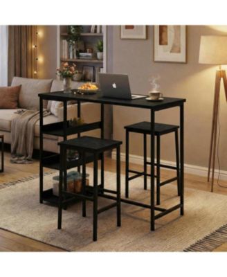 3-Piece Kitchen Table Set with Storage Shelves & 2 Bar Stools, Iron & Wood, Dining Table for Small Spaces