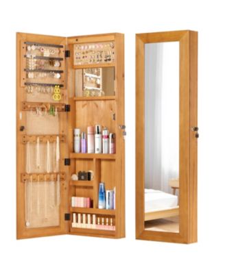 Solid Wood Jewelry Armoire Organizer Cabinet with Full Length Mirror Wall Mounted Lockable with LED Light