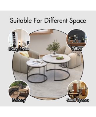 Nesting Coffee Table Set of 2, 27.6" Round Center Table, Wood Marble Pattern Top with Sturdy Metal Frame for Living Room