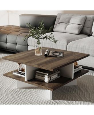 2-Tier Square Coffee Table with 4 Storage Compartments-Walnut