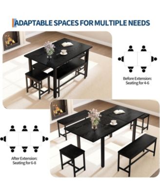 5-Piece 63" Modern Extendable Dining Table Set with 2 Benches and 2 Square Stools