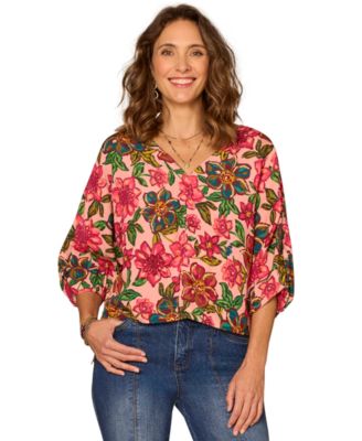 Petite Floral Kimono-Sleeve V-Neck Woven Top