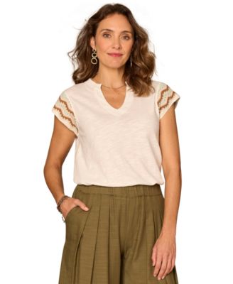 Petite Crochet Cap-Sleeve Notched Neck Knit Top
