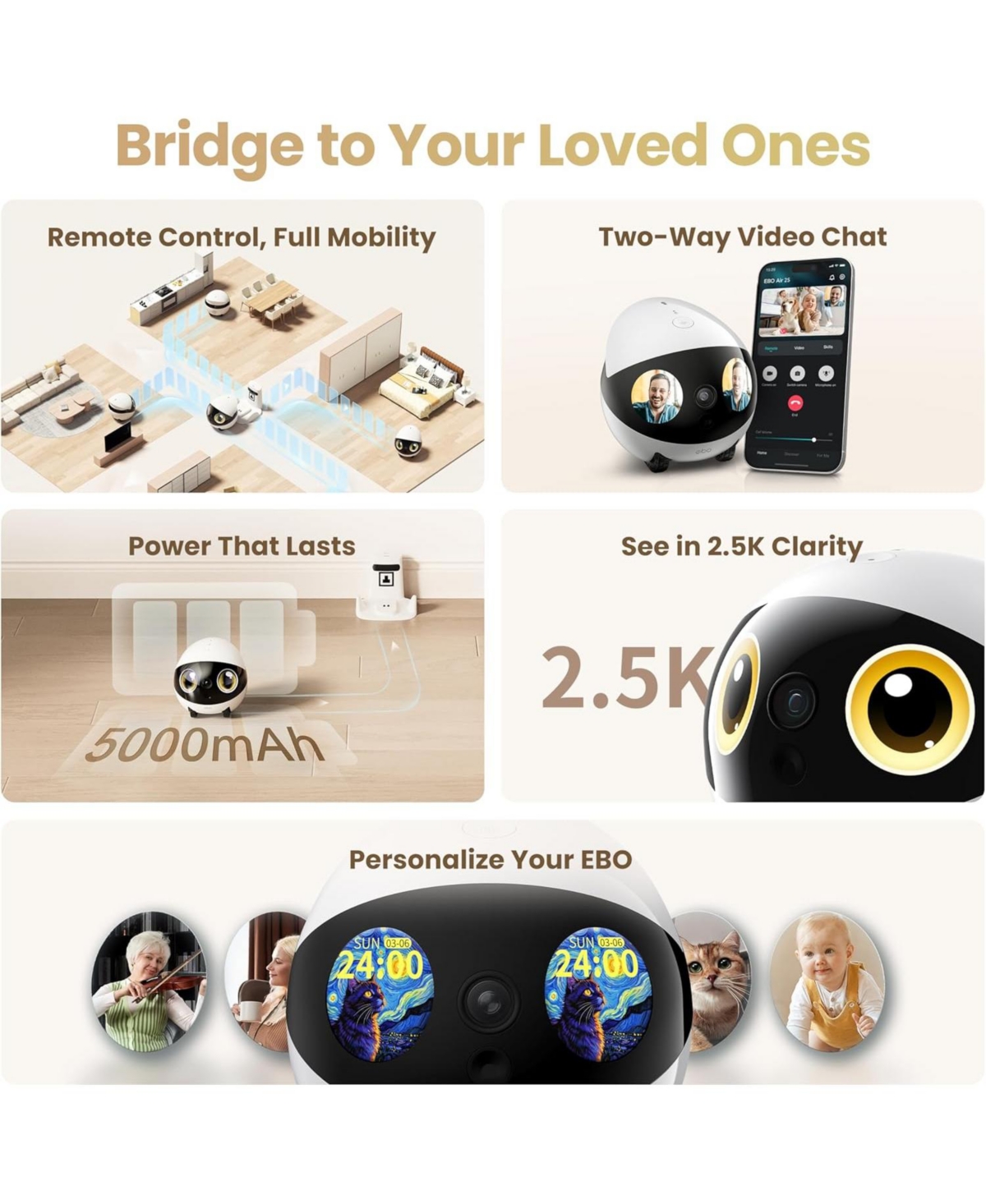 Enabot Ebo Air 2S Smart Companion Robot with 2.5K Camera, Two-Way Audio & Night Vision