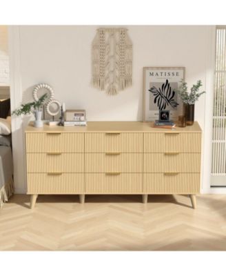 9 Drawer Fluted Wooden Dresser 63W 15.7D 29.5H for Bedroom Nursery Entrance with Wave Pattern