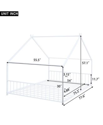 White Metal House Bed with Roof Design Semi Enclosed Space and Integrated Slat Support